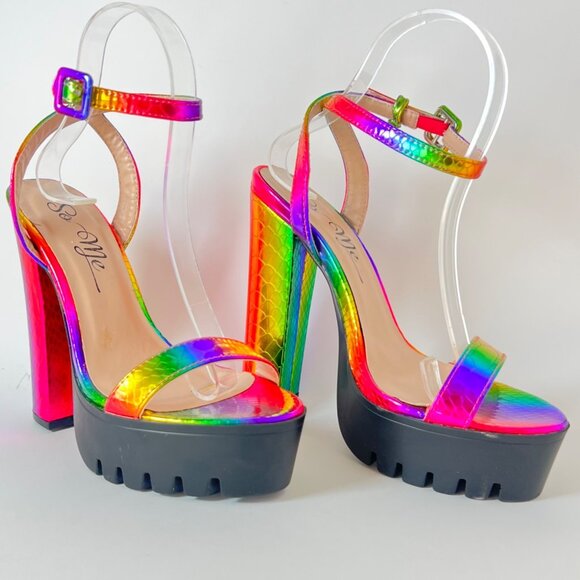 So Me Rainbow Heels Women Sexy holographic multicolor mermaid platforms Size 6.5 - Picture 4 of 6